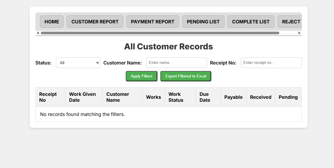 Screenshot of the Customer Report page