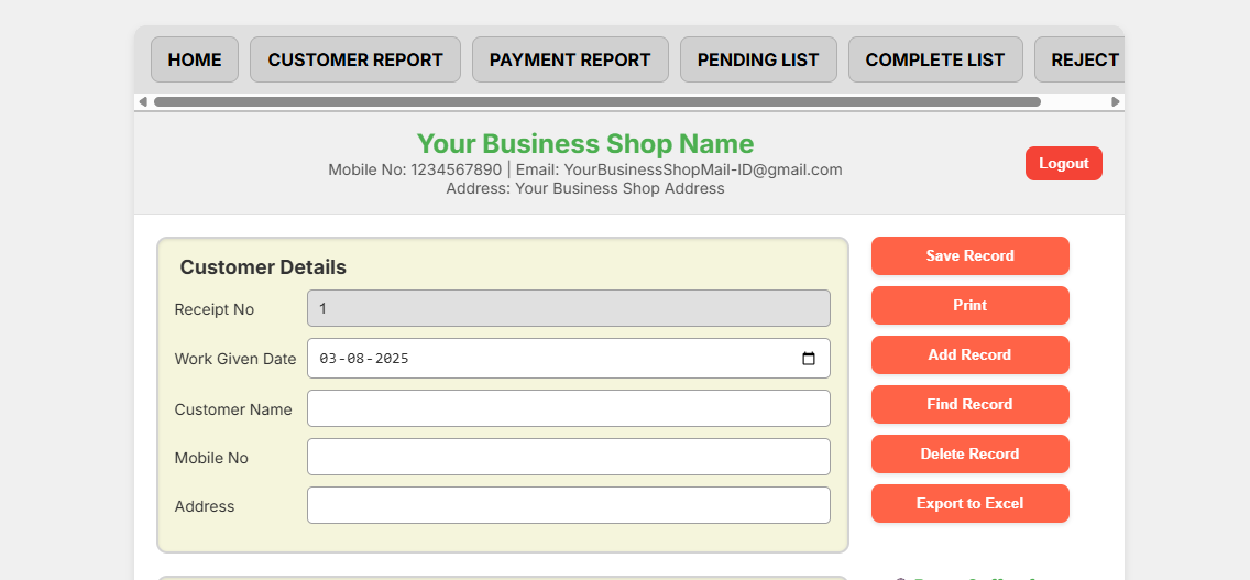 Screenshot of the main dashboard